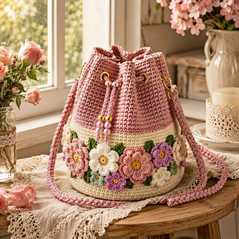 Handmade Crochet Bucket Bag Fl - огляд і ціна Crochet Market Bag